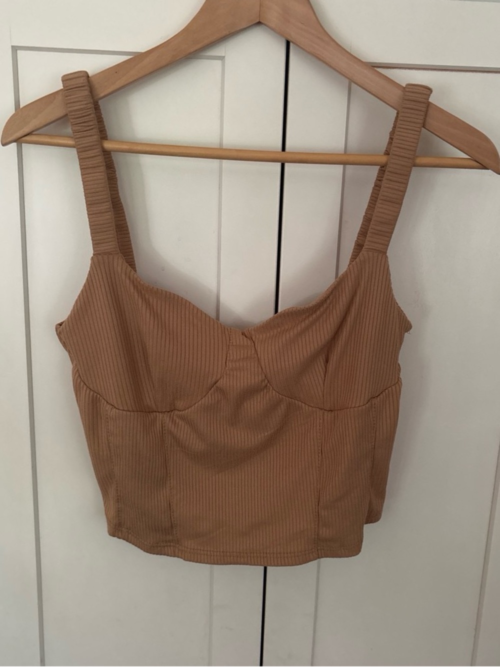 3/$10 Ribbed Square-Neck Crop Tank Top in Tan
